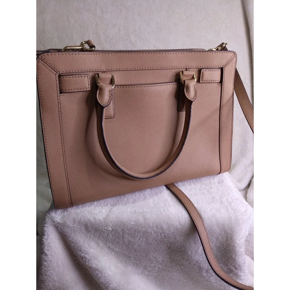 Michael Kors Dillon Saffiano Leather Satchel Crossbody Bag Tan Gold Hardware